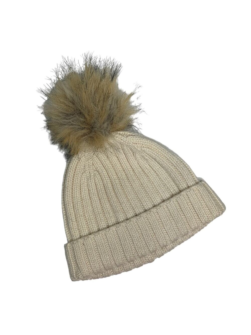 J Crew Cream Ribbed Knit Cream beanie with faux-fur pom-pom Hat